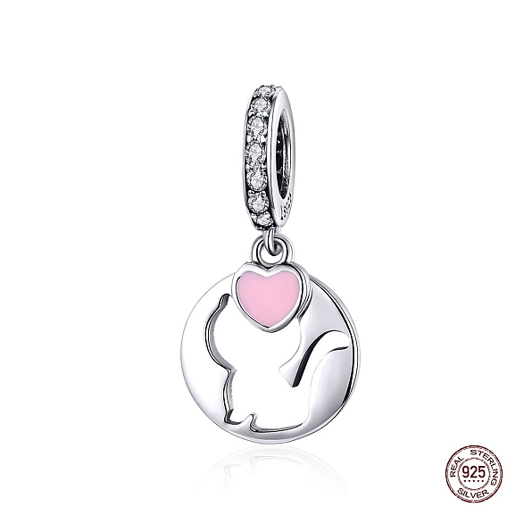 925 Sterling Silver Enamel Kitten European Dangle Charms, with Cubic Zirconia, Flat Round with Cat, with 925 Stamp