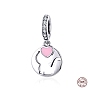 925 Sterling Silver Enamel Kitten European Dangle Charms, with Cubic Zirconia, Flat Round with Cat, with 925 Stamp