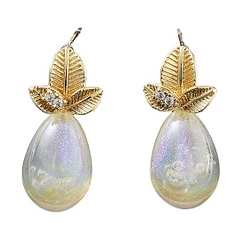 Brass with Glass Stud Earrings, Leaf