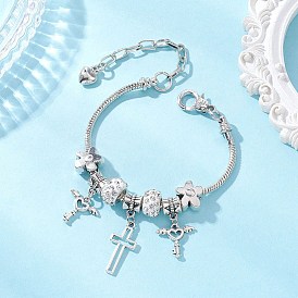 Браслеты в европейском стиле из сплава и полимерной глины с подвесками-стразами, латунные браслеты-змейки для женщин, Ключ к форме креста и сердца