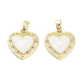 Brass Micro Pave Clear Cubic Zirconia Pendants, with Synthetic Opal and ABS Plastic Pearl, Real 18K Gold Plated, Heart Charms