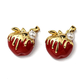 Rack Plating Brass Enamel Pendants, with Acrylic Imitation Pearl, Lead Free & Cadmium Free, Long-Lasting Real 18K Gold Plated, Apple Charm