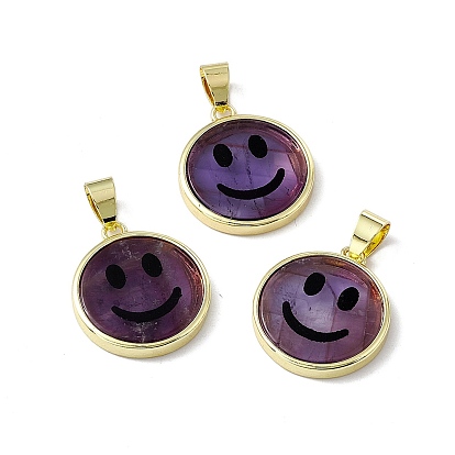 Gemstone Pendants, Flat Round with Smiling Face Charms, with Rack Plating Brass Findings, Cadmium Free & Lead Free