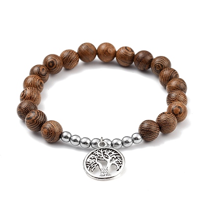 Charm Bracelets, with Natural Wood & Non-magnetic Synthetic Hematite Beads, Tibetan Style Alloy Pendants, Flat Round with Tree of Life