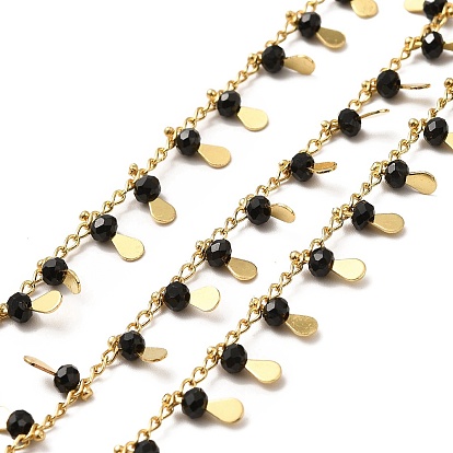 Glass Beaded Teardrop Charm Chains, with Real 18K Gold Plated Brass Curb Chains, Soldered, with Spool