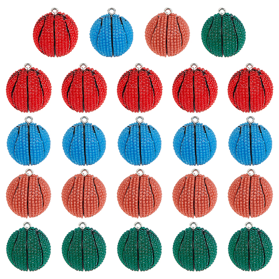 24 шт 4 цвета подвески из непрозрачной смолы, с платиновым тоном железная петля, ухабистый стиль, баскетбольная форма