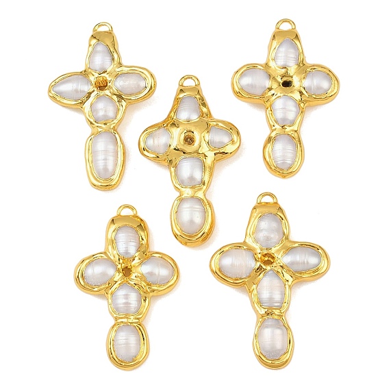 Натуральный жемчуг подвески, с латунной фурнитурой , крест прелести, белые