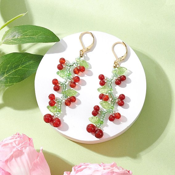 Серьги из стеклянных бусин с застежкой-молнией, с естественными сердолик бисера, вишня