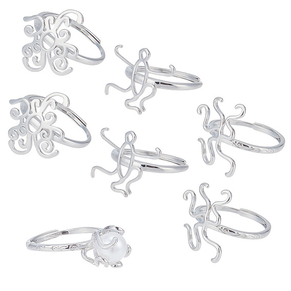 6Pcs 3 Style Adjustable Brass Finger Ring Components, Flower Filigree Ring Settings