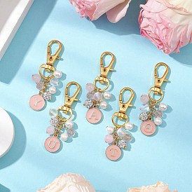 26Pcs 26 Styles Flat Round with Letter A~Z Alloy Enamel Pendant Decorations, Natural Rose Quartz & Synthetic Moonstone Beads Charms for Backpack Ornament