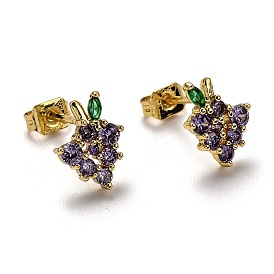 Brass Micro Pave Cubic Zirconia Stud Earrings, with Ear Nuts, Grape, Real 18K Gold Plated