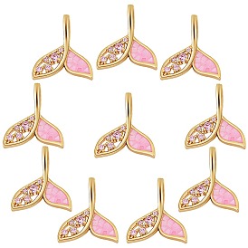 10Pcs Brass Micro Pave Plum Cubic Zirconia Pendants, with Enamel and Shell, Long-Lasting Plated, Mermaid