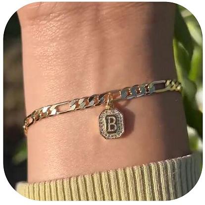 304 браслеты с подвесками из нержавеющей стали и кристаллами горного хрусталя, браслеты-цепочки Фигаро для женщин, прямоугольник с буквой, золотые