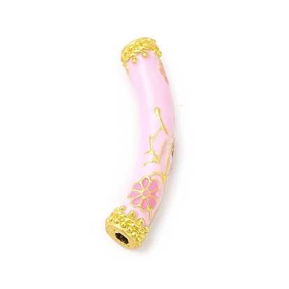 Pack Plating Alloy Enamel Beads, Matte Gold Color, Curved Tube with Flower