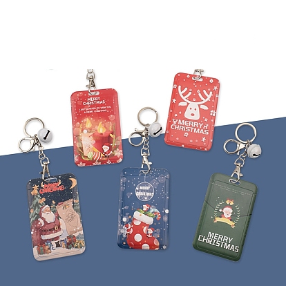 Christmas Themed Plastic Keychain Card Sleeve, with Keychain Clasp and Bell, for Bus Pass Work Badge Card Holders