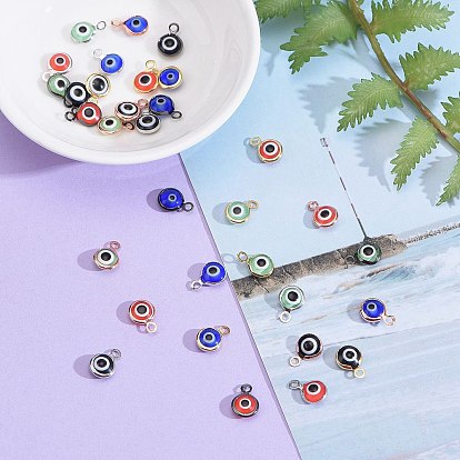 32Pcs 16 Styles Handmade Evil Eye Lampwork Charms, with Brass Findings, Flat Round with Evil Eye