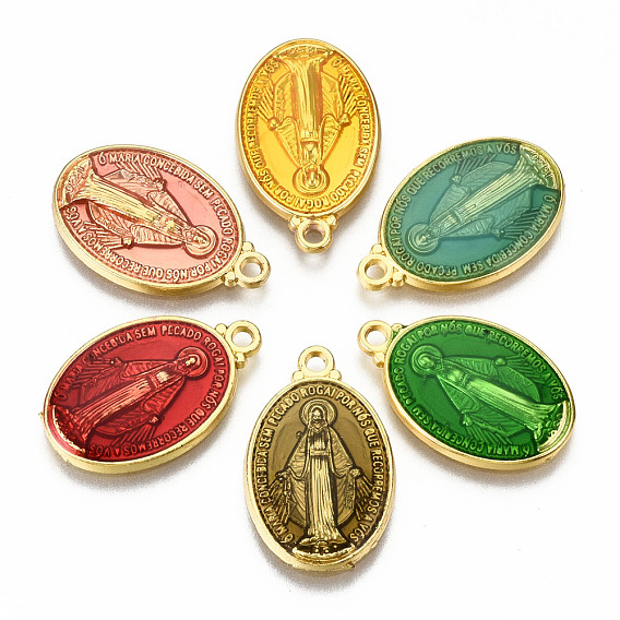 Brass Enamel Pendants, Long-Lasting Plated, Oval with Saint, Golden