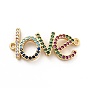 Rack Plating Brass Micro Pave Colorful Cubic Zirconia Connector Charms, Long-Lasting Plated, Lead Free & Cadmium Free, Word Love