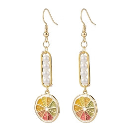 Shell Pearl with Enamel Lemon Dangle Earrings, 304 Stainless Steel Long Drop Earrings for Women