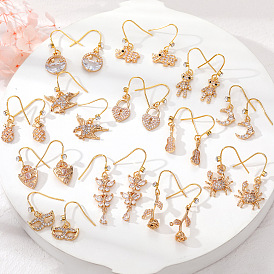 Fashionable Metal Water Diamond Butterfly Rose Flower Earrings with Delicate Animal Ear Hooks for Women