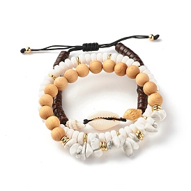 Synthetic White Howlite & Wood & Shell Beads Stretch Bracelets Set, Natural Cowrie Shell Braided Bead Bracelets for Girl Women
