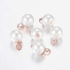 Plastic Pearl Charms, with Iron Findings, Round, Rose Gold