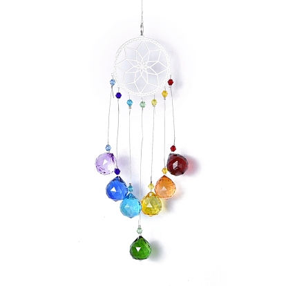 Crystals Chandelier Suncatchers Prisms Chakra Hanging Pendant, with Iron Cable Chains & Links, Glass Beads and Rhinestone, Flar Round