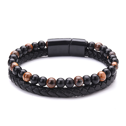 Natural Volcanic Stone Beaded Bracelet with Double Layer Tiger Eye and Agate on Leather Cord