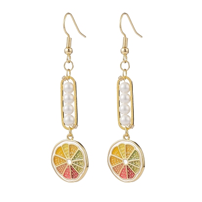 Shell Pearl with Enamel Lemon Dangle Earrings, 304 Stainless Steel Long Drop Earrings for Women