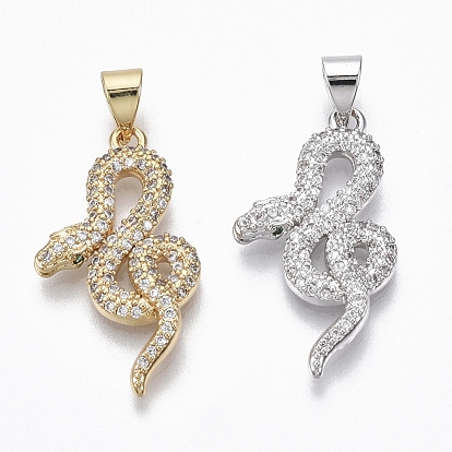 Brass Micro Pave Cubic Zirconia Pendants, Nickel Free, Snake, Clear