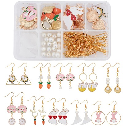 Kits de fabrication de boucles d'oreilles à faire soi-même sur le thème de Pâques, y compris les pendentifs en alliage émaillé, pendentifs en laiton et anneaux de liaison et perles d'espacement et crochets de boucle d'oreille, chapeaux de perles acryliques et perles de verre