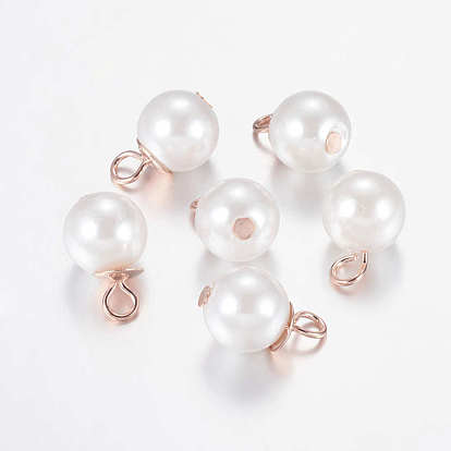Plastic Pearl Charms, with Iron Findings, Round, Rose Gold