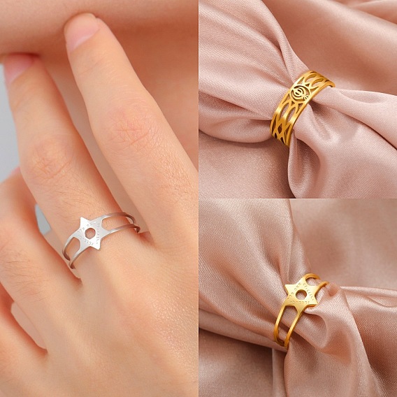 304 Stainless Steel Cuff Open Rings, Star of David/Oval