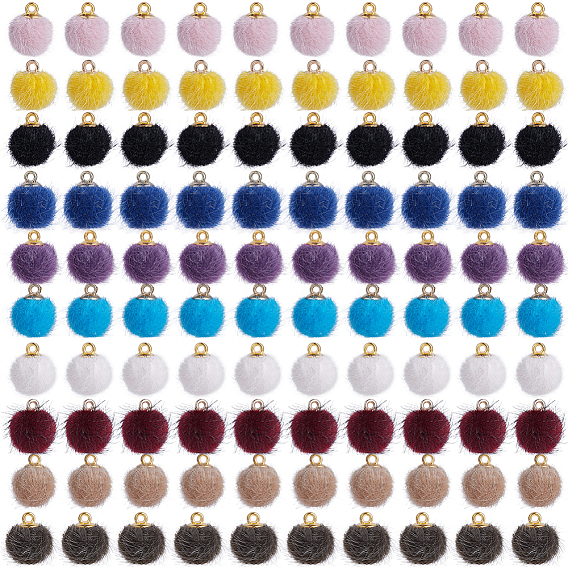 Faux Mink Fur Covered Pendants, with Golden Tone Brass Pendant Bails, Round