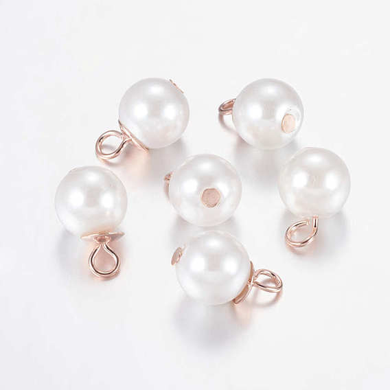 Plastic Pearl Charms, with Iron Findings, Round, Rose Gold