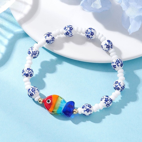 Браслеты ручной работы из фарфора, керамики и стекла с цветочным принтом, украшенные бусинами, для женщин., с бусинами в форме рыбок, изготовленными вручную методом выдувания стекла.
