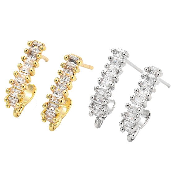 Brass Stud Earring Findings, Cadmium Free & Nickel Free & Lead Free, with Clear Rhinestone & Horizontal Loops