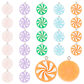 30pcs 5 colors Resin Pendants, Peppermint Candy Charms, with Platinum Plated Iron Peg Bail, Flat Round