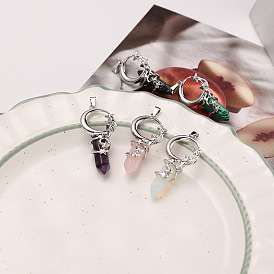 Gemstone Double Terminal Pointed Pendants, Faceted Bullet Charm with Moon & Star, with Platinum Plated Alloy Findings