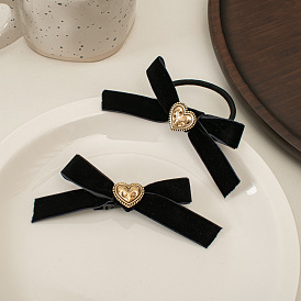 Retro Velvet Bow Hair Tie with Antique Heart Clip for Cute Double Ponytail Hairstyles