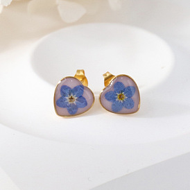 Серьги-гвоздики в форме сердца из эпоксидной смолы, с 304 фурнитурой из нержавеющей стали и сушеными цветами