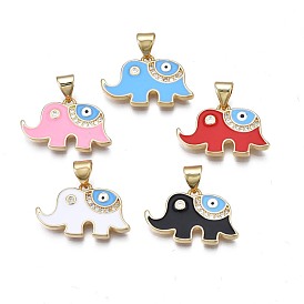 Brass Micro Pave Clear Cubic Zirconia Pendants, with Enamel, Nickel Free, Real 18K Gold Plated, Elephant