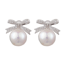 Natural Pearl Ear Studs, with Sterling Silver Micro Pave Clear Cubic Zirconia Findings, Bowknot