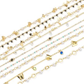 Handmade Brass Beaded Chains, With Glass Imitation Pearl & Colorful Cubic Zirconia, Unwelded