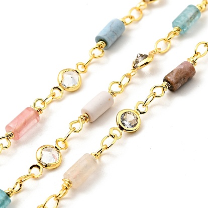 Natural Mixed Gemstone Column & Clear Cubic Zirconia Flat Round Link Chain, with Brass Findings, Soldered, with Spool, Lead Free & Cadmium Free