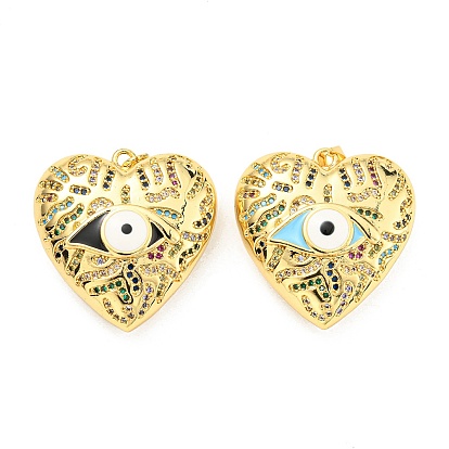 Rack Plating Brass Micro Pave Cubic Zirconia Pendants, with Enamel, Cadmium Free & Lead Free, Long-Lasting Plated, 
Real 18K Gold Plated, Heart with Evil Eye