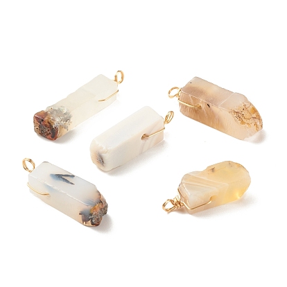 Pendentifs en agate dendritique naturelle, avec fil de cuivre doré enroulé, rectangle