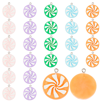 30pcs 5 colors Resin Pendants, Peppermint Candy Charms, with Platinum Plated Iron Peg Bail, Flat Round