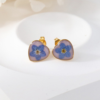 Серьги-гвоздики в форме сердца из эпоксидной смолы, с 304 фурнитурой из нержавеющей стали и сушеными цветами