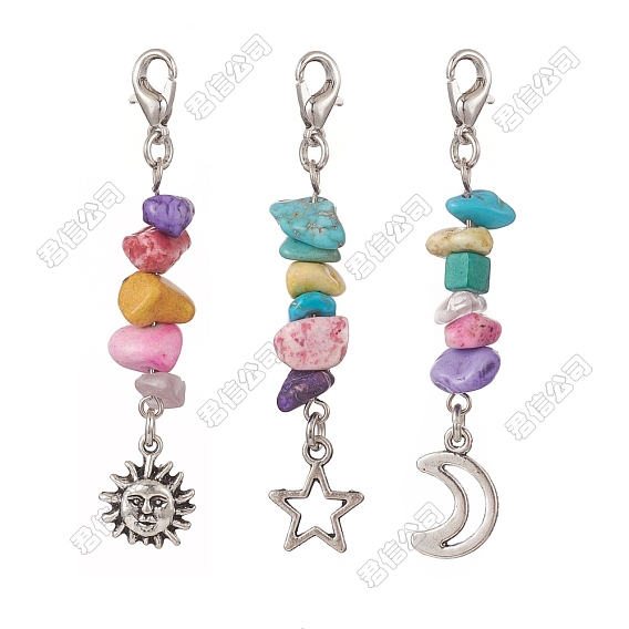 3Pcs 3 Styles Tibetan Style Alloy Pendant Decorations, with 7 Chakra Synthetic Turquoise Beads and Alloy Lobster Claw Clasps